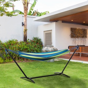 Hamac de Grădină Suspendat 310x117 cm cu Înălțime Reglabilă și Suport, Capacitate 120 kg, Hamac Autoportant cu Geantă de Transport, pentru Camping, Grădină, Balcon, Patio, Verde și Albastru - Img 2