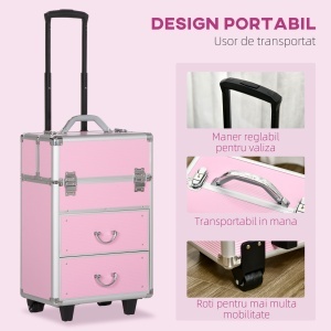 Husă pentru Călătorii de Machiaj, Cărucior Mare de Depozitare pentru Produse Cosmetice, 37x23x59 cm, Roz - Img 5
