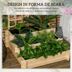 Jardiniera cu 3 Niveluri cu Grilaj pentru Catarat Vita de Vie, Paturi Suprainaltate din Lemn pentru Gradina, Jardiniera in Aer Liber pentru Legume, Flori, Ierburi, Nuanta Natur - Img 5
