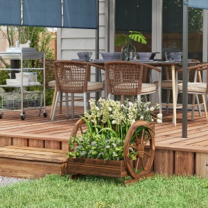 Jardinieră de Exterior cu 3 Niveluri și Roți Decorative, din Lemn de Brad cu Orificii de Drenaj, pentru Legume și Flori, pentru Balcon sau Terasă, 62x61x57 cm, Carbonizat - Img 2
