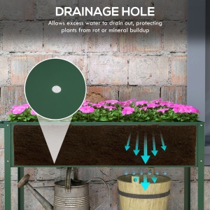 Jardinieră Exterioară cu Raft Inferior pentru Unelte, Jardinieră Metalică cu 2 Roți și Mâner, 109x44x80 cm, Verde - Img 7