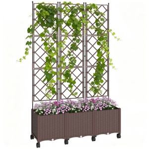 Jardinieră Înălțată cu Grilaj 130L, Pat pentru Grădină Înălțat de Exterior cu Roți Blocabile, Sistem de Autoirigare, Găuri de Drenaj pentru Plante Cățărătoare, Legume, Flori, Maro - Img 1