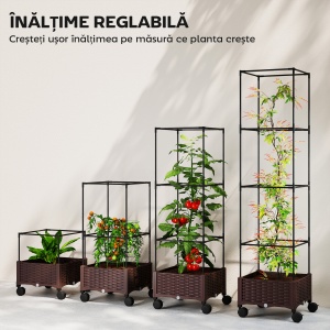 Jardinieră Înălțată cu Spalier 20L, Pat de Grădină Înălțat pentru Exterior cu Roți Blocabile, Sistem de Autoirigare, Orificii de Drenaj pentru Plante Cățărătoare, Legume și Flori, Maro - Img 5