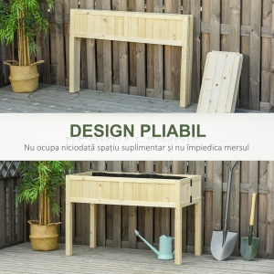 Jardinieră Înălțată Rabatabilă, Realizată din Lemn de Brad cu 4 Orificii de Drenaj, pentru Grădină, Terasă sau Balcon, 115x56x76 cm, Culoare Lemn - Img 4