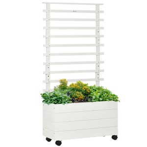 Jardiniera inaltata verticala cu 4 roti si suport pentru plantele cataratoare, din lemn de brad, 76x30x155cm, alb - Img 1