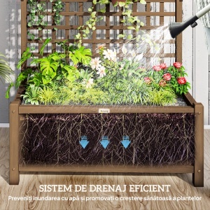 Jardinieră Ridicată pentru Exterior cu Spalier și Bară Superioară, Jardinieră din Lemn de Brad cu Găuri de Drenaj pentru Flori și Legume, pentru Grădină și Balcon, Cafeniu Întunecat - Img 6