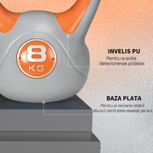 Kettlebell 8kg din PU si nisip cu baza plata si maner practic pentru deadlifting, genuflexiuni si lifting, 20x14x24 cm, portocaliu - Img 6