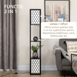 Lampa de podea coloana din MDF si plastic PP cu 2 rafturi, pentru camera de zi, studiu si dormitor, 26x26x156cm, alb si negru - Img 4