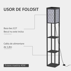 Lampă stand cu rafturi 3 niveluri, negru 26x26x160 cm, Iluminare caldă și rafturi pentru living sau birou - Img 5