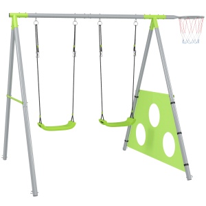 Leagăn de Grădină 3 în 1 pentru Copii 3-8 Ani cu Coș de Baschet și Poartă de Fotbal, 238x180x182 cm, Verde