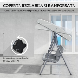 Leagăn de Grădină 3 Locuri cu Acoperiș Reglabil, Leagăn de Exterior cu Perne Căptușite din Poliester și Cadru din Oțel, Greutate Maximă 210 kg, 172x110x156 cm, Gri Deschis - Img 4
