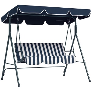 Leagăn de Grădină cu 3 Locuri cu Acoperiș Solar, Balansoar în Aer Liber cu Structură din Oțel și Poliester, 172x110x153 cm, Alb și Albastru - Img 1