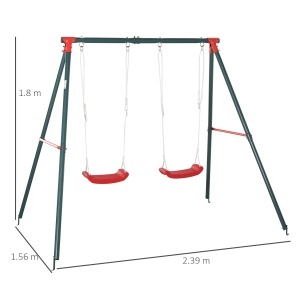 Leagăn Dublu pentru Copii 3+ Ani cu Structură din Metal, Leagăn de Grădină cu Coardă Reglabilă, Joc de Exterior, Max 45 kg, 239x156x180 cm, Verde și Roșu - Img 3