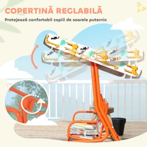 Leagăn pentru Copii cu 2 Locuri, Acoperiș Reglabil și Curele de Siguranță, Leagăn pentru Grădină și Interior din Oțel și Material Oxford, Max 60 kg, 112x75x120 cm, Portocaliu - Img 4