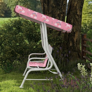 Leagăn pentru Copii de Exterior cu 2 Locuri, Acoperiș Reglabil și Centuri de Siguranță, Leagăn Grădină și Interior din Oțel și Material Oxford, Max 60 kg, 112x75x120 cm, Roz - Img 9