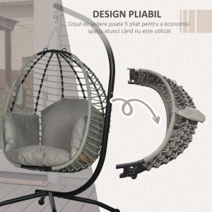 Leagăn pentru Exterior cu Pernă Capitonată, Scaun Suspendat pentru Terasă cu Suport Metalic, Cos Pliabil, 110x100x188 cm, Gri - Img 5