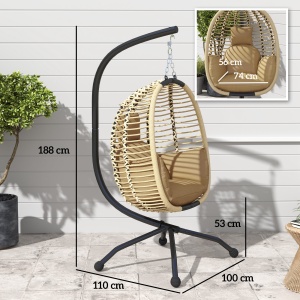 Leagăn pentru Exterior cu Pernă Capitonată, Scaun Suspendat pentru Terasă cu Suport Metalic, Cos Pliabil, 110x100x188 cm, Gri - Img 3