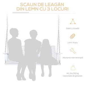 Leagăn Suspendat pentru Exterior din Lemn de Brad cu Măsuță Rabatabilă și Suporturi pentru Pahare, Leagăn pentru Grădină sau Terasă cu 2-3 Locuri, Alb - Img 4