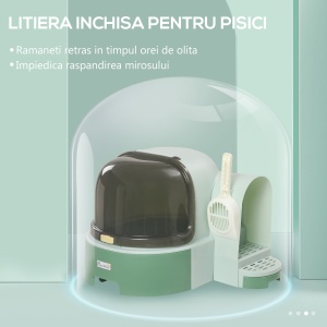 Litieră pentru Pisici cu Capac, Litieră Închisă cu Tavă Detașabilă și Lopățică Inclusă, 52x60x42 cm, Verde - Img 6
