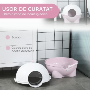 Litieră pentru Pisici cu Capac și Lopățică Inclusă, Capacitate Max 4 kg, 53x51x48 cm, Alb și Roz - Img 5