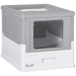 Litiera pentru Pisici Inchisa din PP cu Paleta Inclusa, Cutie Igienica pentru Pisici cu Tava Detasabila si 2 Usi, 47.5x35.5x36.7 cm, Alb si Gri - Img 1