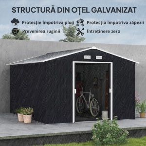 Magazie de Depozitare de 11 x 9 din Metal pentru Unelte de Gradina cu Usi Glisante Duble si 4 Orificii de Aerisire - Img 4
