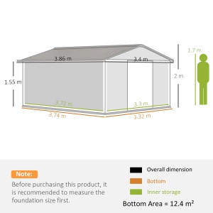 Magazie de Grădină 12,4 m² 340x386x200 cm cu Uși Glisante, Acoperiș Înclinat și 4 Guri de Aerisire, Albă - Img 3