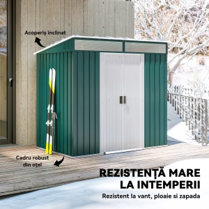 Magazie de grădină cu uși glisante și bază pentru pardoseală din oțel, 195x122x181.5 cm, verde - Img 6