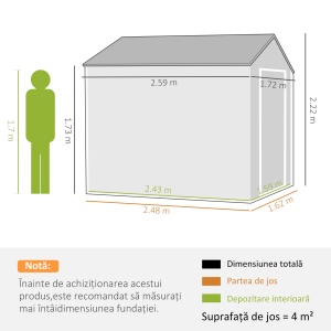Magazie de Gradina din Otel Galvanizat si PP cu 4 Guri de Aerisire si Fereastra, 259x171x222 cm, Gri si Alb - Img 3