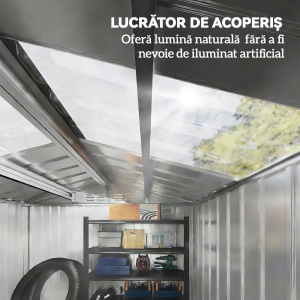 Magazie de grădină metalică 2,77 m², 213 x 130 x 185 cm cu fundație, uși culisante, gri închis - Img 4