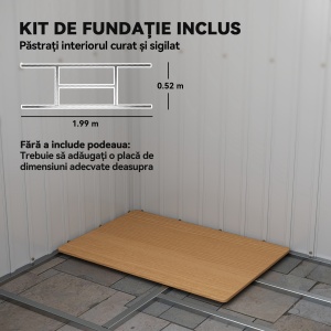 Magazie Grădină Metalică cu Acoperiș Înclinat și Ușă Dublă, pentru Stocare de Unelte în Grădină, 213x130x172 cm, Gri - Img 6
