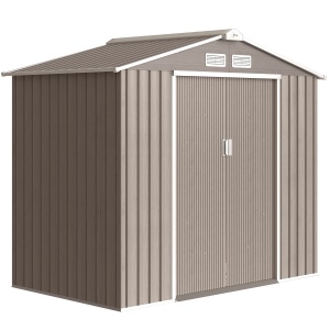 Magazie Grădină Metalică cu Orificii de Ventilație și Ușă Culisantă Dublă pentru Grădinarit și DIY, 213x130x185 cm, Maro - Img 1