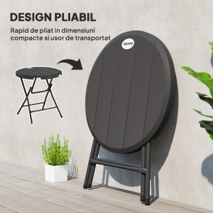 Masă de Grădină, rotundă, pliabilă, pentru 4 persoane, aspect lemn, oțel+plastic, gri închis, 80 x 80 x 73 cm - Img 4
