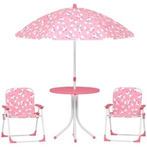 Masă de Picnic pentru Copii, Set Masă și Scaune cu 2 Scaune Pliabile și Umbrelă Detasabilă, Temă Junglă, Mobilier de Exterior pentru Grădină, Patio, Roz