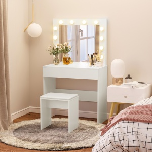 Masa Machiaj cu Oglindă LED 12 Lumini, Set cu Scaun Tapitat și Sertar Spațios, Mobilier pentru Dormitor, 80x40x140 cm, Alb - Img 2