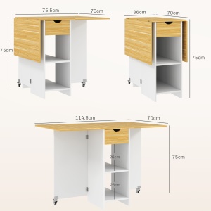 Masă Pliabilă, Masă Rabatabilă pentru 2-4 Persoane cu Sertar, 2 Rafturi și 2 Roți, 114,5x70x75 cm, Stejar - Img 3