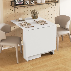 Masă Pliabilă și Extensibilă pentru 4-6 Persoane cu 2 Rafturi și 2 Roți, din Lemn și Metal, 140x80x74 cm, Alb - Img 8