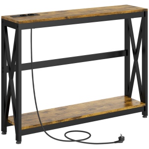 Masă Subțire de Consolă, Masă Industrială cu Două Nivele, Masă de Canapea Îngustă cu Cadru X din Oțel, 100x24x75 cm, Maro - Img 1