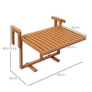 Masă Suspendată de Exterior, Masă Reglabilă pentru Balustradă, Blat Suport cu Montare pe Perete, 68x65x40,5-55 cm, Tec - Img 3