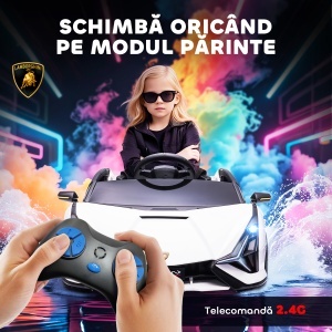 Mașină Electrică pentru Copii 3-5ani, Mașinuță Electrică Lamborghini cu Faruri, Muzică și Telecomandă, 108x62x40cm, Alb - Img 5