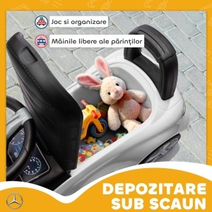 Mașinuță Electrică pentru Copii Licență Mercedes Benz cu Claxon și Spațiu de Depozitare, 65x28x39 cm, Alb - Img 7