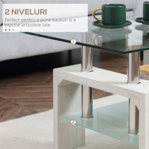 Măsuță de Cafea Dreptunghiulară din Sticlă, Masă Centrală cu 2 Niveluri și Raft de Depozitare, 90x50x42 cm, Alb - Img 5