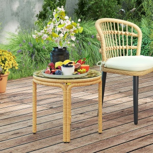 Măsuță de Grădină din Ratan și Sticlă Stil Boho Ø50x44 cm Galben - Img 2