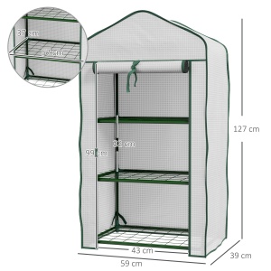 Mini Seră pe 3 Nivele cu Acoperiș PE Întărit, Seră Portabilă cu Ușă Rulantă și Rafturi din Sârmă, 59x39x127 cm, Alb - Img 3