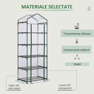 Mini Sera pentru Plante cu 5 Etajere din Otel cu Copertina din PVC, 69x49x193cm - Img 4