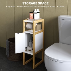 Mobilier de Baie cu Suport pentru Hârtie Igienică, Dulap și Raft, Dulap Compact din Bambus, 20x33x80 cm, Alb - Img 4