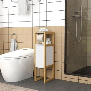 Mobilier de Baie cu Suport pentru Hârtie Igienică, Dulap și Raft, Dulap Compact din Bambus, 20x33x80 cm, Alb - Img 8