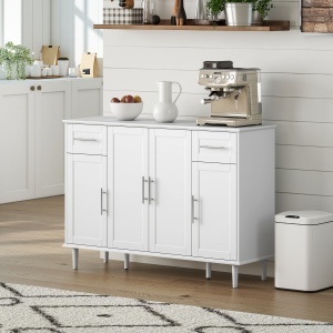 Mobilier de Sufragerie, Credență cu 2 Sertare și 3 Dulapuri cu Rafturi Reglabile, Comodă cu Picioare din Pin pentru Sala de Mese și Bucătărie, 120x38x86 cm, Alb - Img 8
