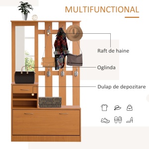 Mobilier Garderoba Dulap Pantofi Reglabil cu Oglinda si Cuier 6 carlige pentru Hol si Dormitor 90x22x116cm Lemn - Img 4