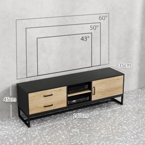 Mobilier pentru TV de 60" cu Dulăpior, 2 Sertare și Rafturi Deschise Reglabile, 140x35x45 cm, Lemn Natural - Img 3
